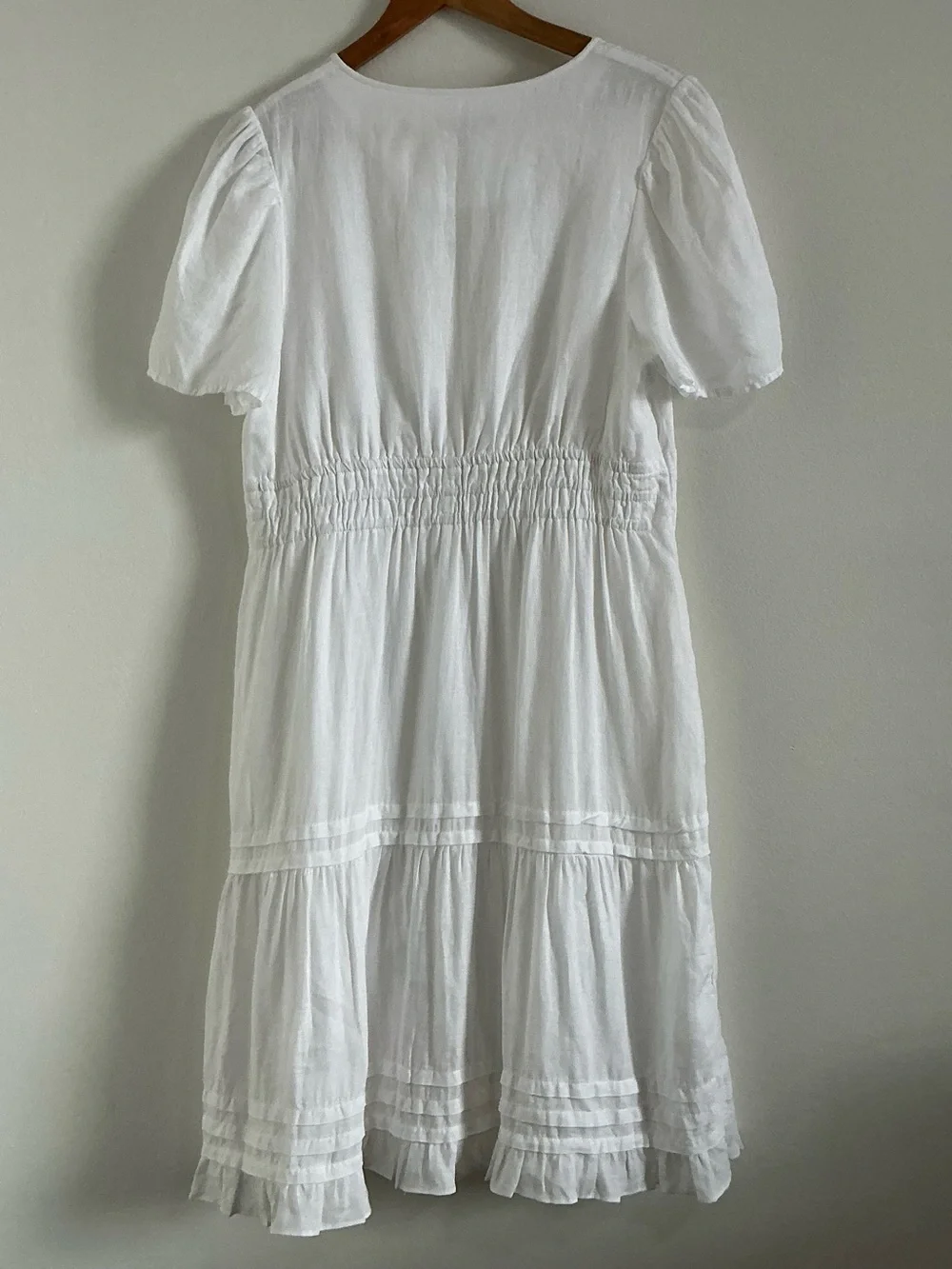Quince White 100% Linen Smocked Tiered Midi Dress L Cottagecore Summer Boho - Picture 3 of 15